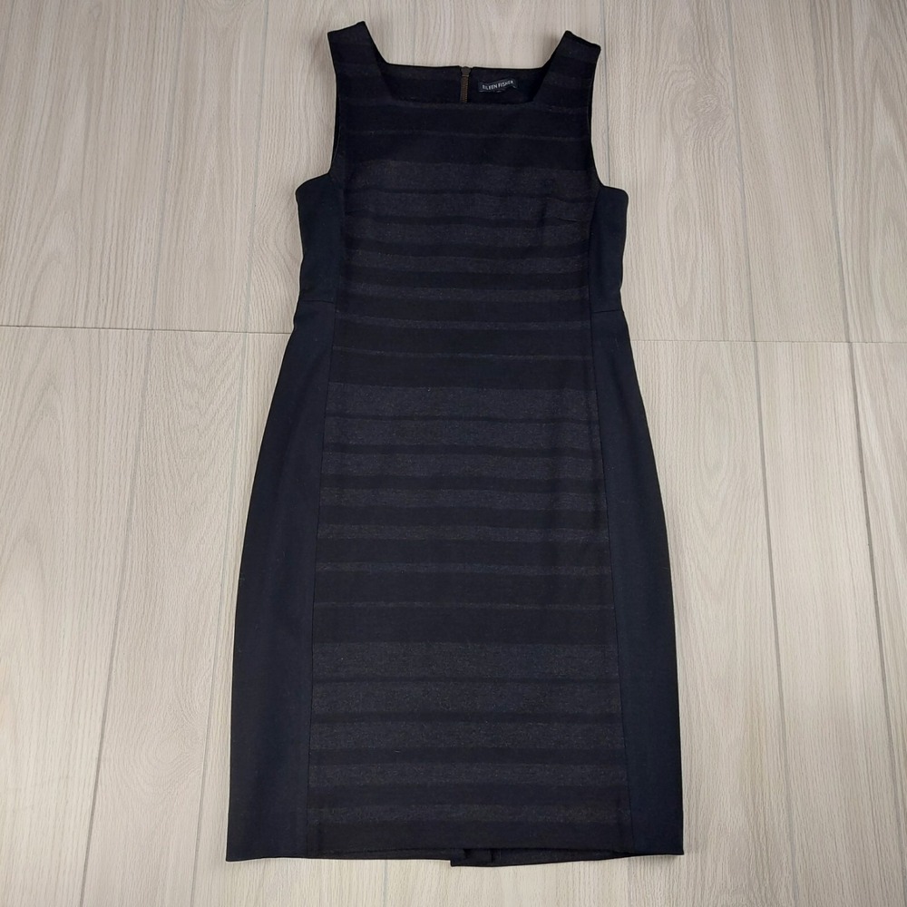 Eileen Fisher Sheath Dress Womens 2 Black Shadow Stripe Square Neck Quiet Luxury - Picture 2 of 8